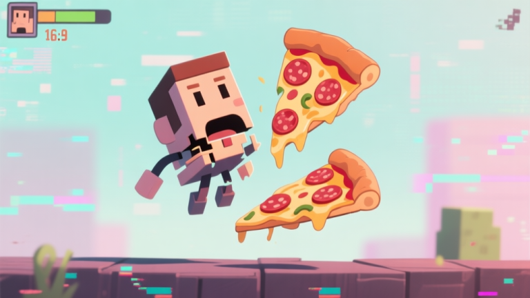 自动生成图片: A surreal and humorous video game glitch scene, a character model partially transformed into floating pizza slices with pepperoni, against a glitchy digital background, soft pastel colors, muted tones, cartoonish style high quality illustration, detailed, 16:9