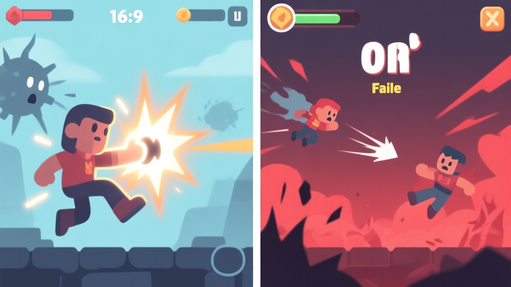 Split-screen game illustration showing a successful dodge blast counter on one side (character glowing, enemy stunned) and a failed one on the other (character flying into hazard zones, game over screen), using a muted color palette with soft blues and reds, flat design style high quality illustration, detailed, 16:9