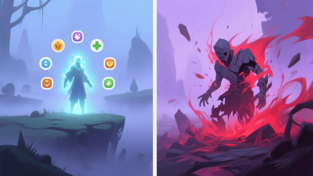 A surreal, misty game landscape split in half, left side showing a glowing character surrounded by beneficial icons, right side showing a crumbling character being overwhelmed by chaotic red effects, soft purple and blue color palette, painterly digital art style high quality illustration, detailed, 16:9