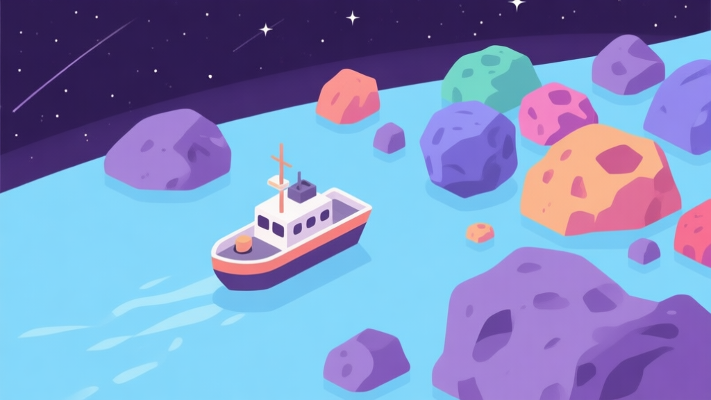 A minimalist, isometric view of a small mining ship approaching a colorful asteroid field against a starry space backdrop, soft blues and purples, flat design style high quality illustration, detailed, 16:9