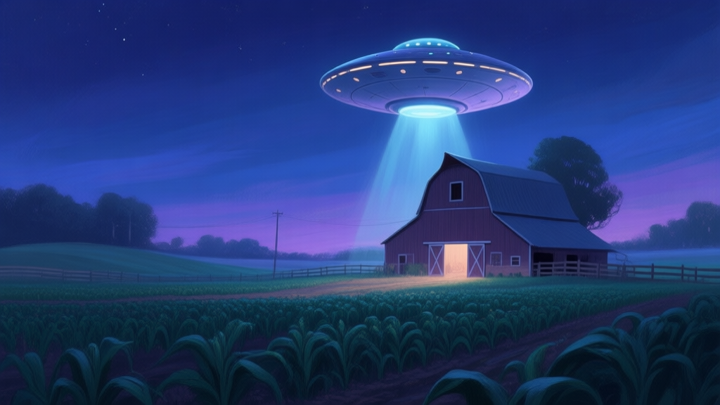 A mysterious, serene night scene at a digital farm (ranch), with a classic flying saucer UFO hovering silently above a barn, casting a soft glow on the crops below. The style is painterly with a soft color palette of blues, purples, and dark greens, evoking a sense of wonder and secrecy. high quality illustration, detailed, 16:9