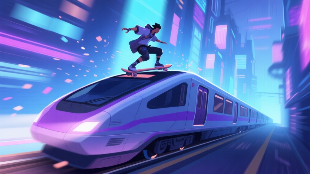 Dynamic video game screenshot style, a character smoothly grinding on top of a speeding futuristic train in a neon-lit city, viewed from a low angle, with motion blur and particle effects, soft color palette with blues and purples high quality illustration, detailed, 16:9