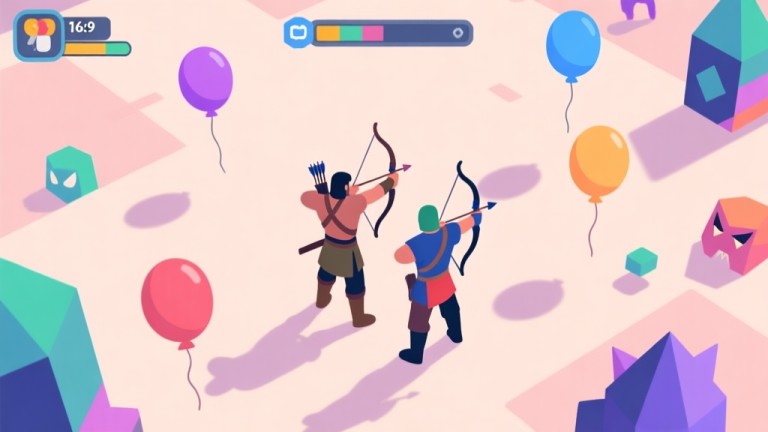 自动生成图片: A top-down view of a colorful, minimalist browser game scene showing two archers back-to-back, surrounded by floating balloons and geometric enemy shapes on a soft pastel background, flat design style high quality illustration, detailed, 16:9