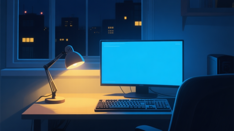自动生成图片: A serene, dimly lit gaming setup at night, with a warm desk lamp illuminating a keyboard and monitor, soft blue light from the screen, and a window showing a dark city with few lights, in a soft color palette of blues and warm yellows high quality illustration, detailed, 16:9