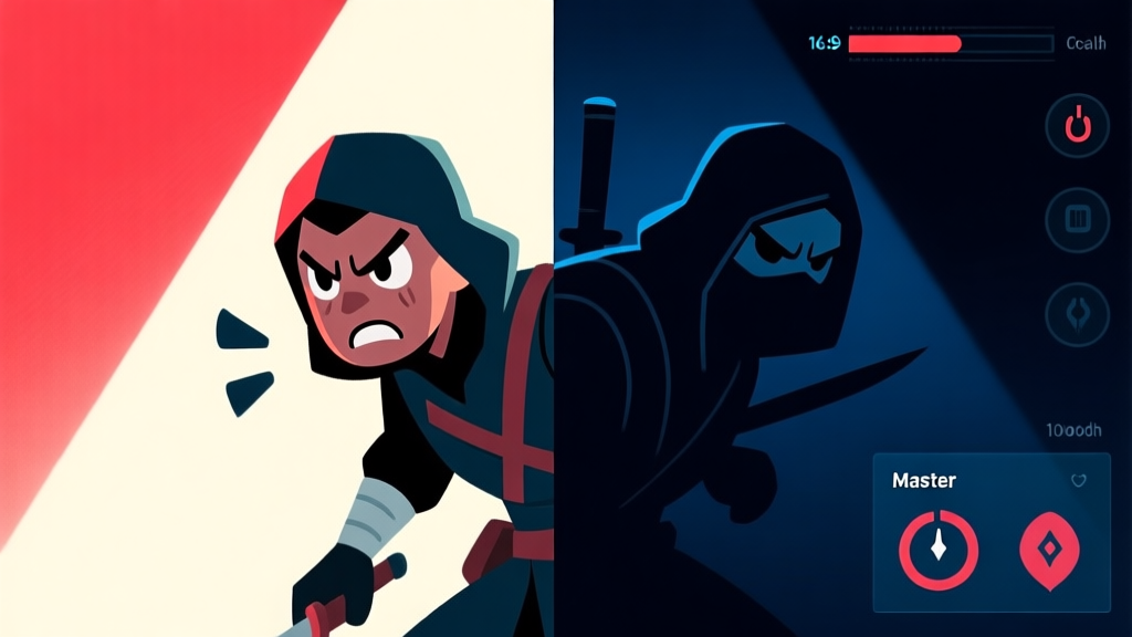A dynamic split-screen illustration showing contrast between a frustrated novice assassin character being spotted in a bright area versus a master assassin character perfectly hidden in shadows, with a subtle UI overlay of stealth meter and cooldown icons, using a dark color palette with accents of deep blue and crimson high quality illustration, detailed, 16:9