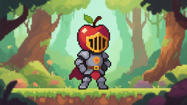 自动生成图片: A pixel art style knight character with a distinct apple-shaped helmet, standing confidently in a vibrant fantasy forest, soft color palette with greens and browns, side-scrolling game perspective high quality illustration, detailed, 16:9