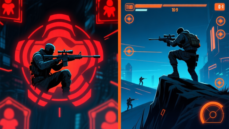 自动生成图片: A dynamic split-screen game illustration. Left side: a sniper character isolated and surrounded in red enemy threat indicators. Right side: the same sniper perched on high ground with clear sightlines, targeting icons over distant enemies. Cyberpunk aesthetic, dark blue and neon orange color scheme. high quality illustration, detailed, 16:9