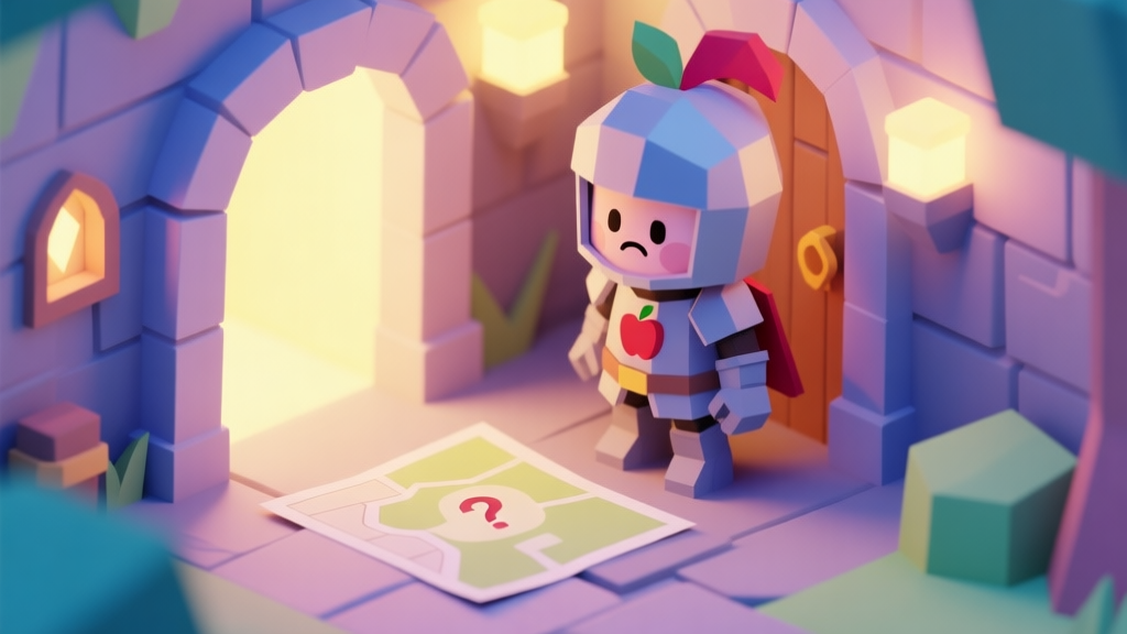 A cute, low-poly Apple Knight character standing nervously at the entrance of a brightly lit mini dungeon, looking at a simple map with question marks, soft pastel colors, isometric view high quality illustration, detailed, 16:9