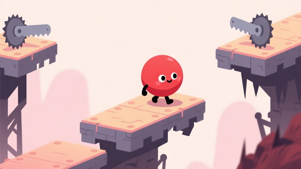 A cute red ball character cautiously navigating a dangerous platform level with spinning saws and moving platforms, soft pastel background, minimalist game art style high quality illustration, detailed, 16:9