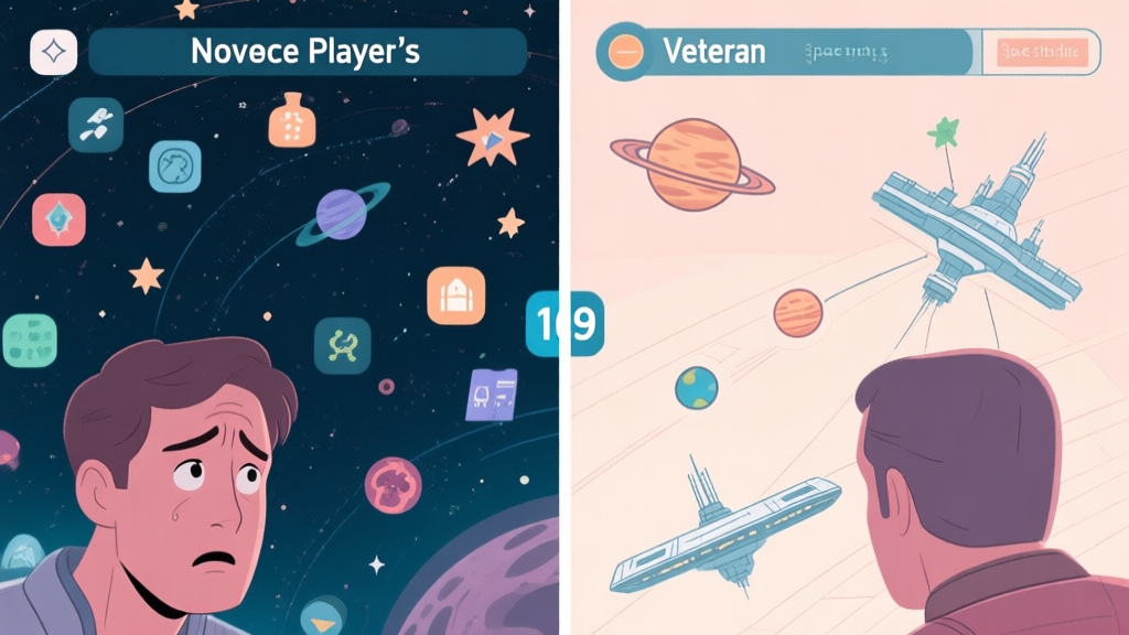 A split-screen illustration showing a novice player's confused view of a cluttered starfield with icons, versus a veteran player's clean, annotated view highlighting key 'space things' like planets, space stations, and anomalies, in a soft sci-fi color palette high quality illustration, detailed, 16:9
