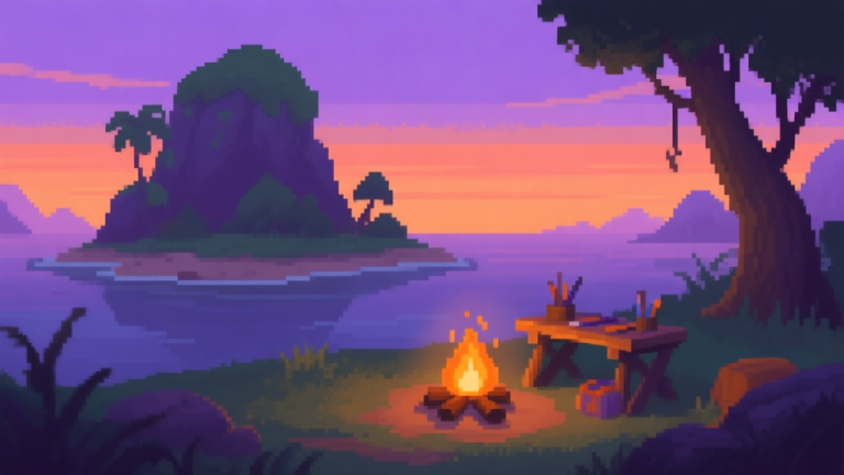 自动生成图片: A serene yet mysterious 2D pixel art island landscape at dusk, with a small campfire glowing near a crafting bench, soft purple and orange sky, gentle lighting high quality illustration, detailed, 16:9