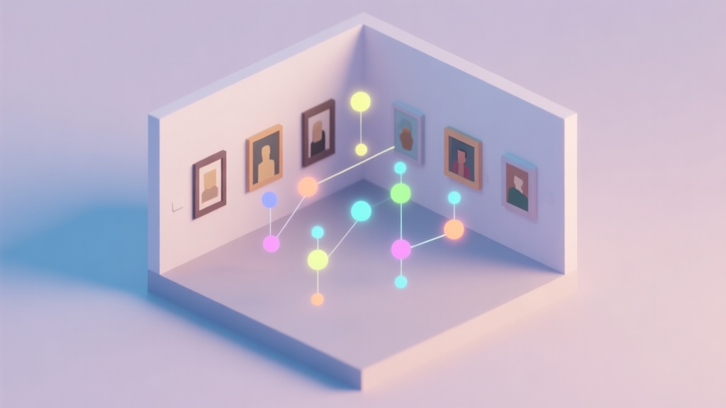 A minimalist, isometric view of a digital museum gallery with floating, glowing dots of various colors connected by delicate lines, soft pastel background, clean and modern game art style high quality illustration, detailed, 16:9
