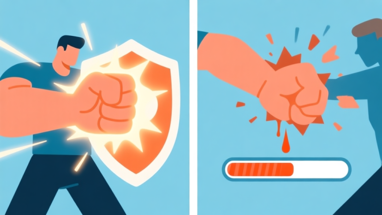自动生成图片: A dynamic but clean split-screen illustration. Left side shows a glowing fist impacting a character shield with a "blocked" visual effect, right side shows the same fist hitting a character for massive damage, with a simplified health bar dropping dramatically. Soft blue and orange color scheme, flat design. high quality illustration, detailed, 16:9