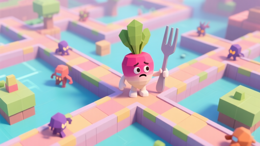 Cute 3D game character, likely a radish, standing confused at a fork in a colorful but complex platformer level, with multiple paths and enemies visible, soft pastel color palette, low-poly art style high quality illustration, detailed, 16:9