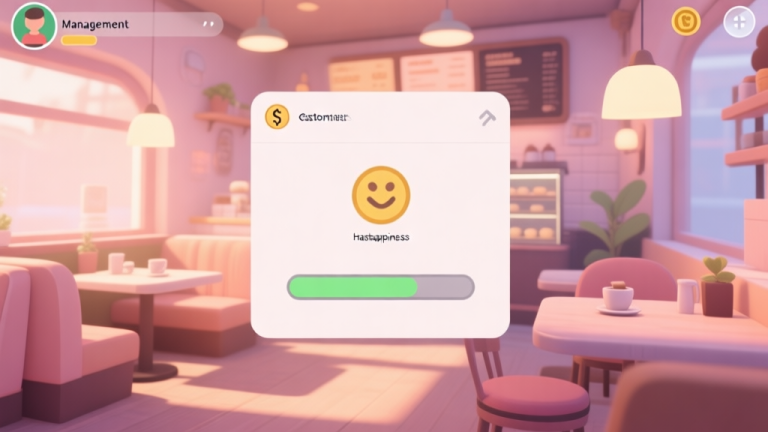 自动生成图片: A cozy, softly lit virtual cafe interior seen from a management simulation game perspective, with a clean user interface overlay showing simple icons for money, customer happiness, and a progress bar, in a warm pastel color palette high quality illustration, detailed, 16:9