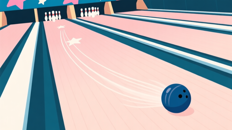 自动生成图片: A stylized, top-down view of a Bowling Stars lane in soft pastel colors, showing the perfect trajectory arc of a bowling ball towards a strike, with subtle spin lines visualized high quality illustration, detailed, 16:9