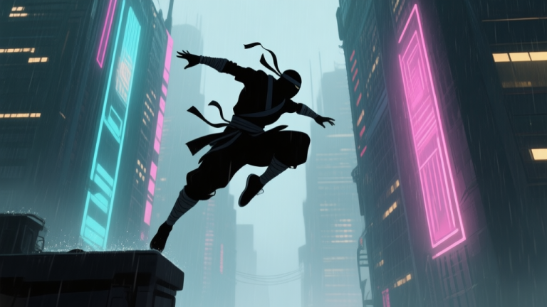 自动生成图片: A dynamic silhouette of a ninja character mid-air, performing a parkour move between two towering neon-lit skyscrapers in a rainy cyberpunk city, soft glow and muted colors, action game style high quality illustration, detailed, 16:9