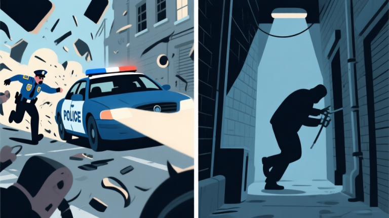 自动生成图片: Split-screen illustration showing a chaotic car theft with police chase on one side, and a smooth, successful theft in a dark alley on the other, using a muted color palette of blues and grays high quality illustration, detailed, 16:9