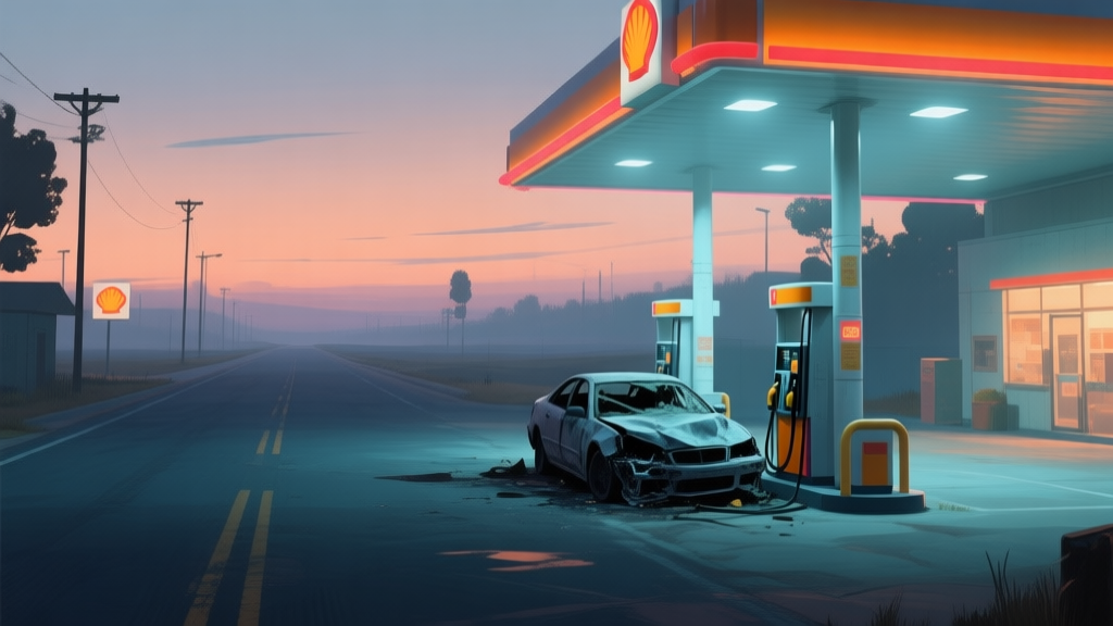 A stylized, moody scene of a gas station at dusk in a video game open world, with a damaged car parked near the pumps, soft neon lights from the station sign, a vast empty road stretching into the distance, painted in a muted color palette with hints of orange and blue high quality illustration, detailed, 16:9