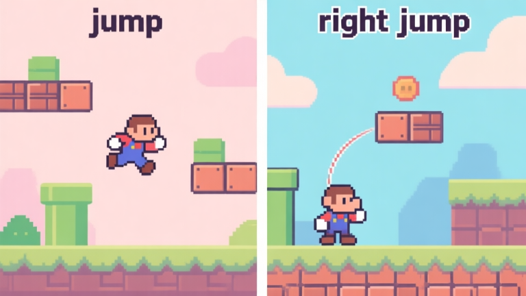 自动生成图片: Side-by-side comparison of a standard jump and a "right jump" in a 2D platformer game, showing subtle differences in character sprite positioning and trajectory, using a soft pastel color palette high quality illustration, detailed, 16:9