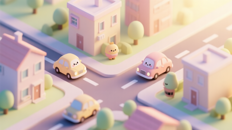 自动生成图片: A cozy, isometric view of a small digital city with cute car characters driving between simple buildings, soft pastel color palette, warm morning light high quality illustration, detailed, 16:9