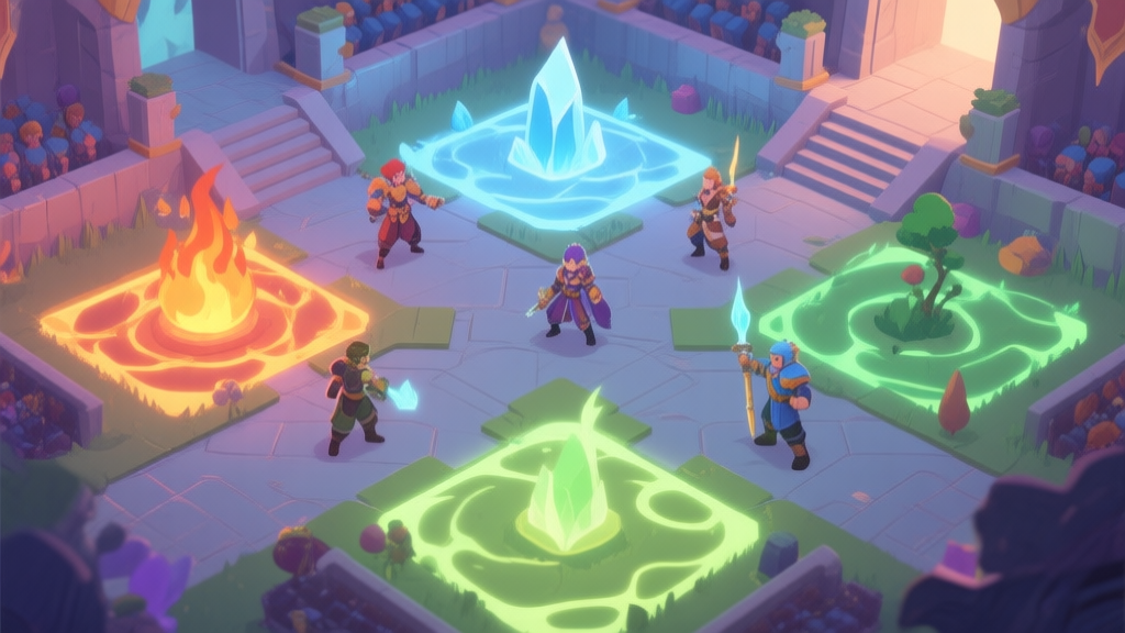 A dynamic, isometric view of a fantastical game arena where sections of the ground are glowing with different elemental energies (fire, ice, nature), with a diverse party of characters strategically positioned, soft color palette, video game concept art style high quality illustration, detailed, 16:9
