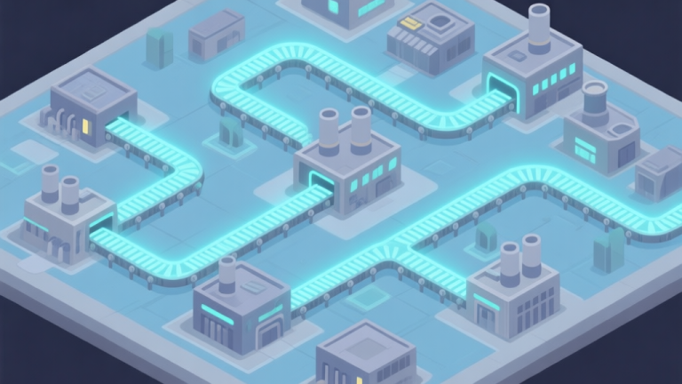 自动生成图片: A stylized, top-down view of a game base with multiple production buildings connected by glowing, conveyor belt-like lines, illustrating unit flow, in a soft color palette of blues and greys high quality illustration, detailed, 16:9