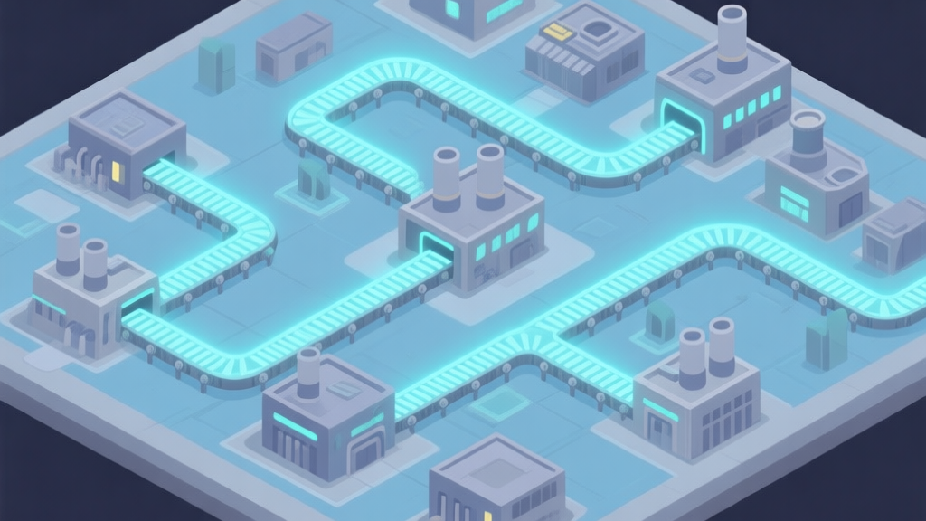 A stylized, top-down view of a game base with multiple production buildings connected by glowing, conveyor belt-like lines, illustrating unit flow, in a soft color palette of blues and greys high quality illustration, detailed, 16:9
