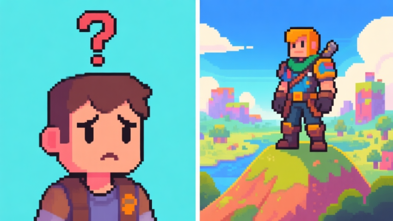 自动生成图片: A split-screen illustration showing a confused new player character on the left with a question mark above their head, and a confident, well-equipped player character on the right standing atop a small hill overlooking the Pixel Realms landscape, in a vibrant pixel art style high quality illustration, detailed, 16:9