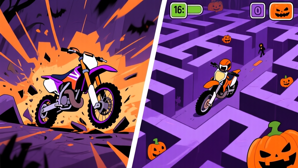 Side-by-side comparison of a motocross bike crashing in a spooky maze versus smoothly navigating through it, cartoon game art style, Halloween color palette with purples and oranges, dynamic action lines high quality illustration, detailed, 16:9