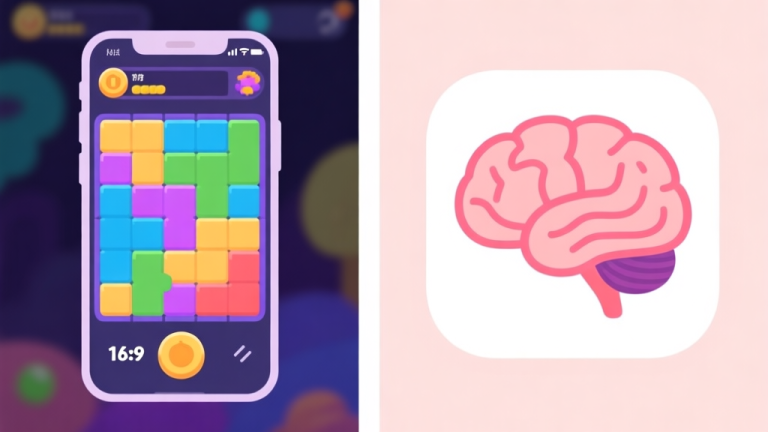 自动生成图片: A split-screen image showing a vibrant, overly stimulating mobile puzzle game interface on one side, and a calm, minimalist brain icon with soothing colors on the other, flat design style, soft pastel color palette high quality illustration, detailed, 16:9