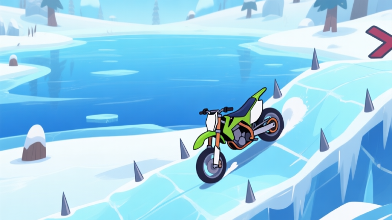 自动生成图片: A side-view gameplay screenshot of Moto X3M Winter level 3, showing a bike sliding on an icy ramp, with spikes and a frozen lake in the background, cartoonish style, cool blue and white color palette high quality illustration, detailed, 16:9