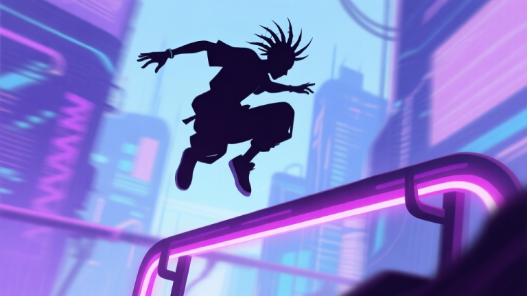 自动生成图片: A stylized silhouette of a Dreadhead character in mid-air parkour pose, vaulting over a neon-lit obstacle in a futuristic cityscape, dynamic motion blur, soft purple and blue color scheme high quality illustration, detailed, 16:9