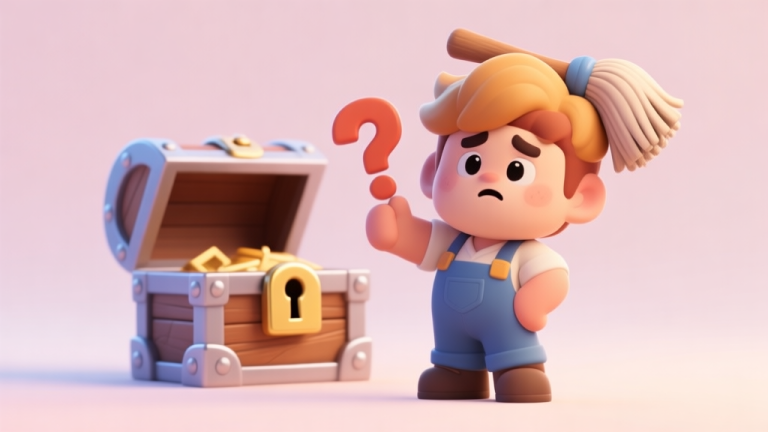 自动生成图片: A stylized, cute 3D render of the Brawl Stars character Dash with a mop for hair, looking confused and holding a question mark, standing in front of a locked treasure chest. Soft pastel colors, clean background high quality illustration, detailed, 16:9
