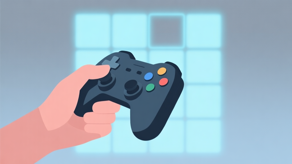 A calm, minimalist illustration of a hand holding a game controller, with a faint, glowing Tetris-like block grid in the background. Soft blue and grey color scheme, focusing on focus and strategy. high quality illustration, detailed, 16:9