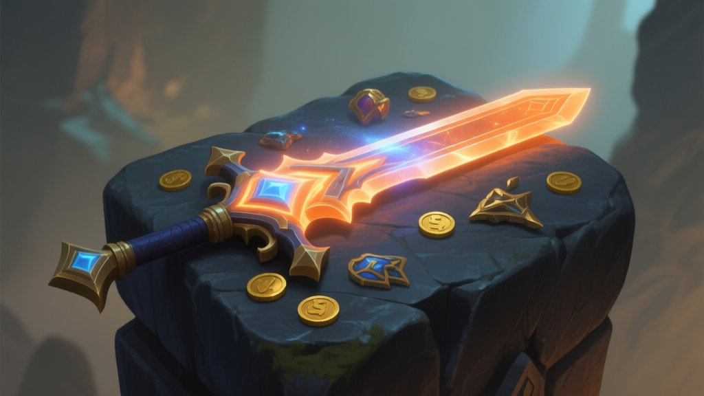 A glowing, cosmic-tier weapon (like a sword or rifle) lies on a dark, weathered stone pedestal. The weapon emits soft pulses of orange and blue light, illuminating scattered gold coins and common game items around it, creating a contrast between the legendary and the ordinary. Soft lighting, muted color palette. high quality illustration, detailed, 16:9