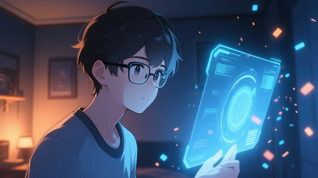 A thoughtful young male character with glasses, looking at a holographic interface in a dimly lit room, soft blue and amber lighting, digital particles floating around, anime-inspired game art style high quality illustration, detailed, 16:9