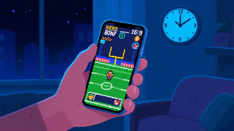 自动生成图片: A hand holding a smartphone showing a pixelated football game (Retro Bowl style) at night, with a clock in the background showing late hours, soft blue and dark tones, cozy but slightly guilty atmosphere high quality illustration, detailed, 16:9
