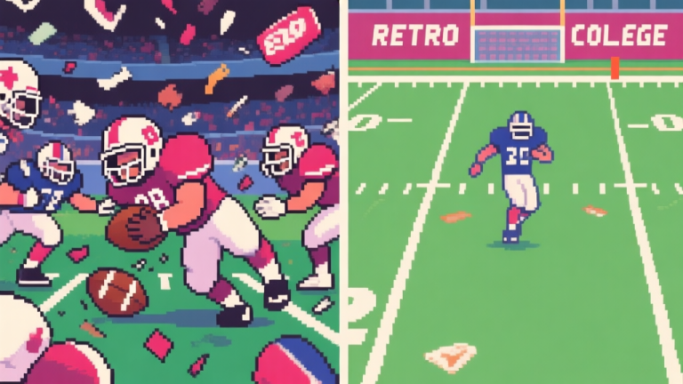 自动生成图片: A split-screen image showing a chaotic Retro Bowl College game on one side (QB being sacked) and a well-organized play on the other side (clean pocket, open receiver), in pixel art style with a retro color palette high quality illustration, detailed, 16:9
