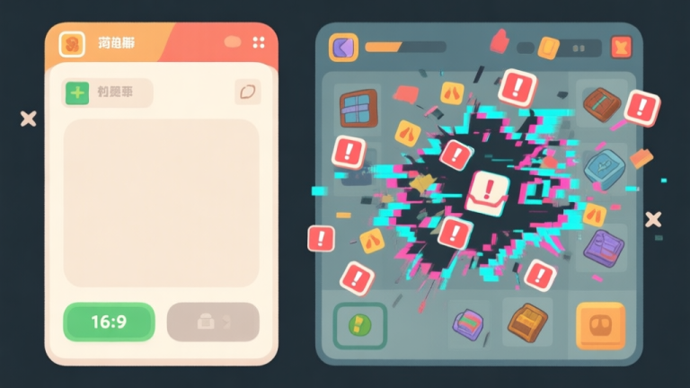 自动生成图片: Split-screen illustration showing a clean game interface on one side and a chaotic, glitched interface with cascading error icons and duplicated items on the other, in a muted color palette high quality illustration, detailed, 16:9