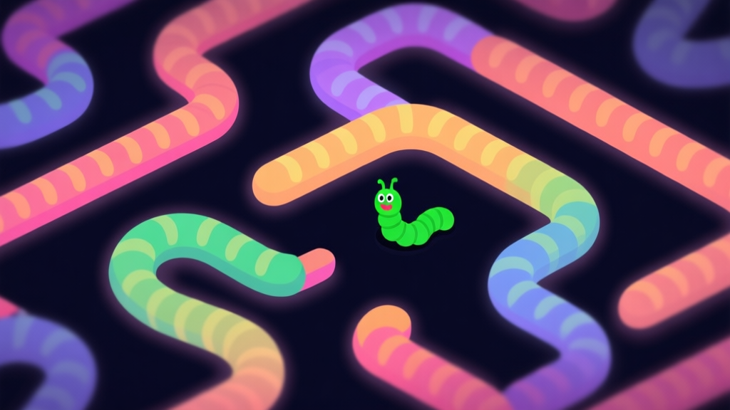 Top-down view of a vibrant Texasworm.io game scene, showing a small green worm navigating a maze of larger, colorful worm trails on a dark background, minimalist flat design with soft glow effects high quality illustration, detailed, 16:9