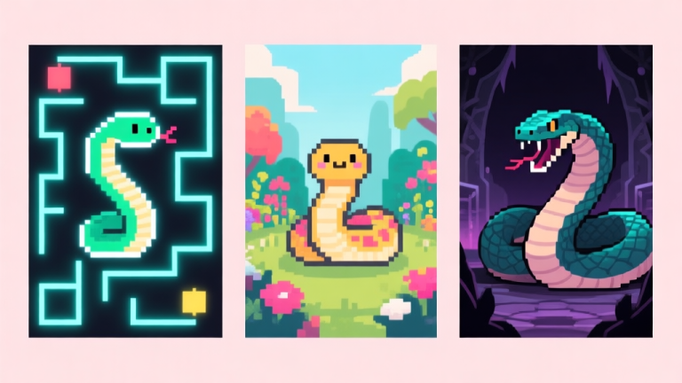 自动生成图片: A modern, minimalist collage showing three distinct snake game styles side by side: a sleek neon snake in a geometric maze, a cute pixel-art snake in a vibrant garden, and a fierce, detailed serpent in a dark fantasy arena, all on a soft pastel background high quality illustration, detailed, 16:9
