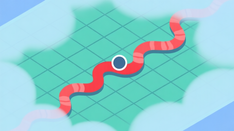 自动生成图片: A top-down view of a simple game grid showing a player icon (circle) being ambushed by a winding snake trail from the fog of war, with a red danger zone highlighted, in a minimalist vector art style with soft blues, greens, and a pop of red high quality illustration, detailed, 16:9