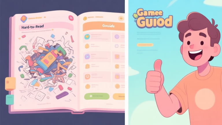 自动生成图片: A split-screen illustration showing a messy, hard-to-read game guide on one side and a clean, well-structured, visually appealing guide on the other, with a player happily giving a thumbs-up to the good one. Soft pastel color palette. high quality illustration, detailed, 16:9