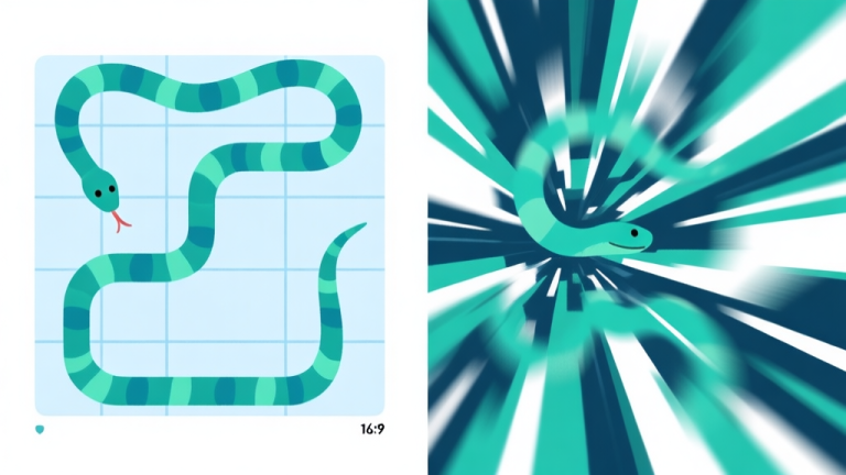 自动生成图片: A side-by-side comparison of a classic snake game grid and a chaotic, high-speed version with motion blur, in a minimalist flat design with soft blue and green color palette high quality illustration, detailed, 16:9