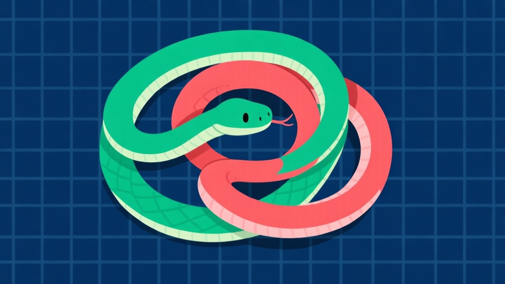 A minimalist, top-down view of a snake game in progress, showing a green snake elegantly coiling around a red opponent snake in a tight spiral, soft pastel colors, clean lines, on a dark blue grid background high quality illustration, detailed, 16:9