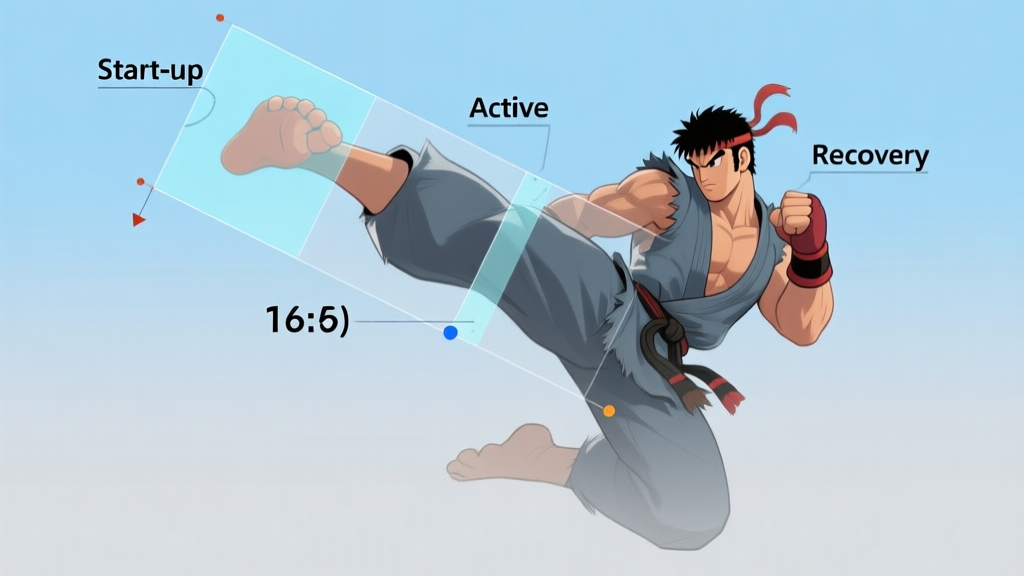 A side-view diagram of a fighting game character's kick animation, overlaid with transparent frames and key timing markers like "Start-up", "Active", "Recovery", using a soft blue and grey color scheme high quality illustration, detailed, 16:9