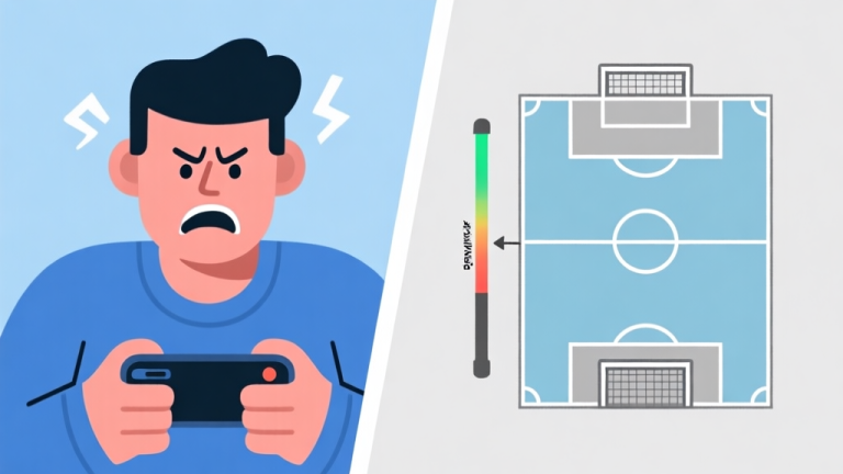 自动生成图片: A split-screen image showing a frustrated mobile gamer on one side, and a schematic diagram of a penalty kick's power bar and goalkeeper zones on the other, in a clean flat design style with soft blues and greys high quality illustration, detailed, 16:9