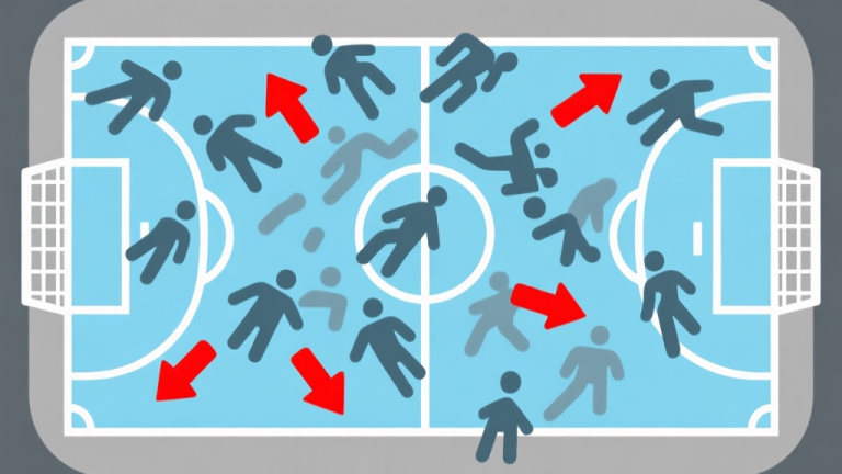 自动生成图片: A top-down tactical view of a futsal court, showing abstract player icons in chaotic, overlapping positions, with red arrows indicating gaps in defense, soft blue and grey color scheme high quality illustration, detailed, 16:9