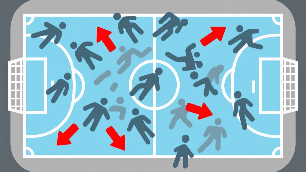 A top-down tactical view of a futsal court, showing abstract player icons in chaotic, overlapping positions, with red arrows indicating gaps in defense, soft blue and grey color scheme high quality illustration, detailed, 16:9